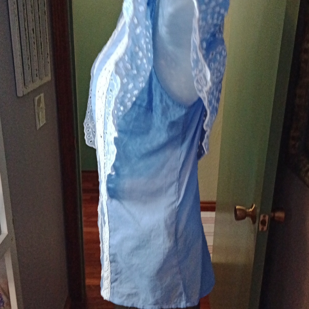 ANTHROPOLOGIE So Cute Lace Trim Blue Ruffle Flutter Sleeved With Lace Top Sz 2 - Picture 4 of 10